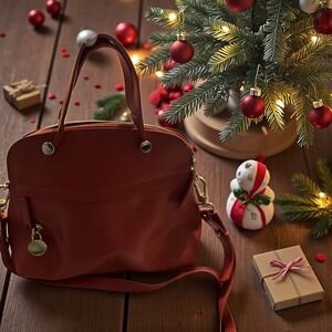 Furla Red Pebbled Leather‎ Satchel Crossbody Bag Gold Hardware